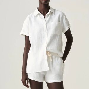 In Bed Store Women’s White Linen Button Down Shirt Blouse Pajama Top Size 2